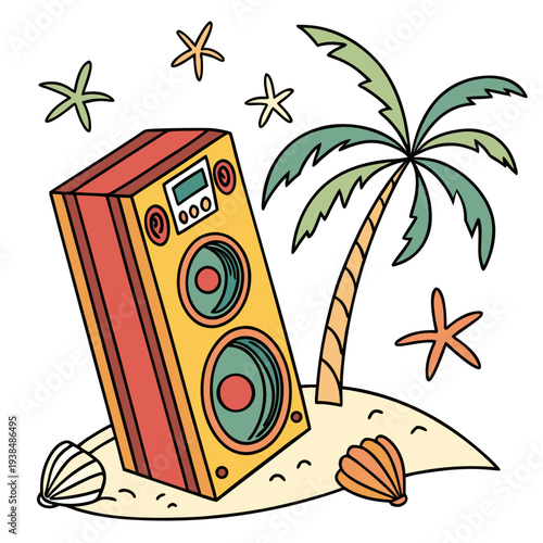 Vintage speakers on a tropical beach with palm trees and stars. Vector