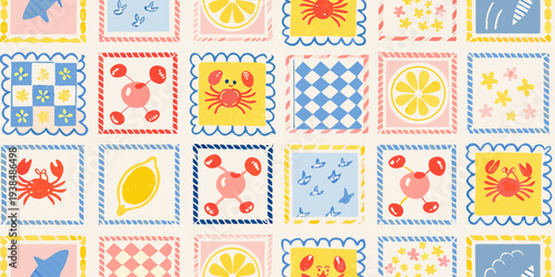 A colorful patchwork of illustrated stamps featuring marine life and fruit