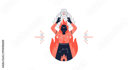 Mystic Figure Surrounded by Flames and Celestial Symbols