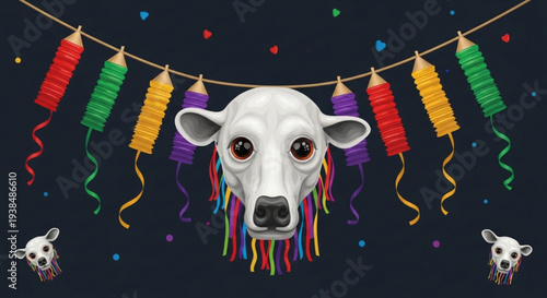 White dog head with colorful party decorations and streamers on dark background with confetti