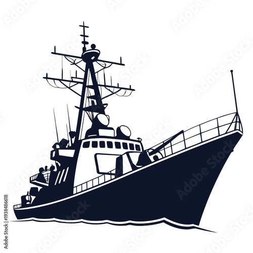 A detailed illustration of a large naval warship with various antennas and equipment. Vector