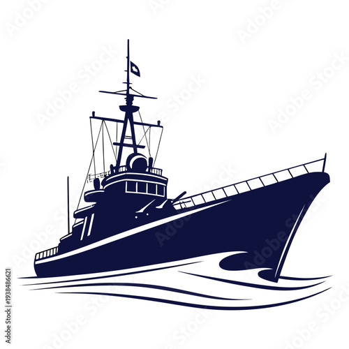 A detailed illustration of a large naval ship sailing on calm waters. Vector