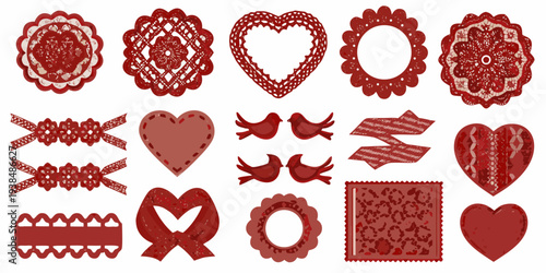 Collection of intricate red paper cut designs featuring hearts and floral motifs