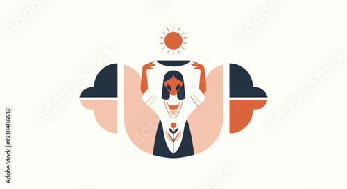 Woman holding t-shirt with sun and abstract shapes, flat design illustration