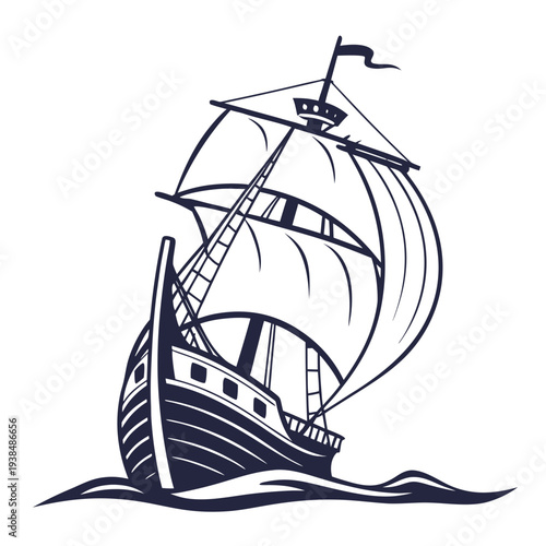 A vintage sailing ship navigating through stormy waters with billowing sails. Vector