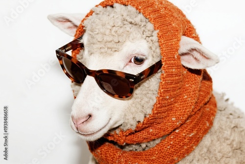 Sheep wearing sunglasses and scarf