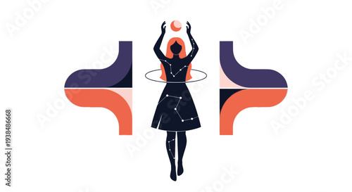 Woman silhouette with constellations, holding a glowing orb, abstract background
