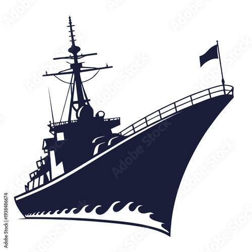 A detailed illustration of a large, modern naval warship sailing on the open sea Vector