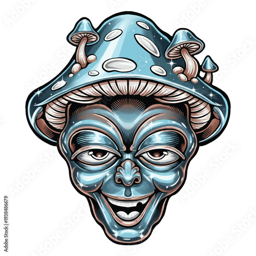 Magic Mushroom Cartoon Character with Blue Chrome Effect, Psychedelic Fungi Vector Design. Trippy Mushroom Mascot Illustration with Shiny Metallic Texture, Streetwear Apparel Vector Design.