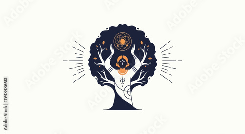 Mystical Tree of Life with Cosmic Symbols and Hands, Spiritual Growth, Enlightenment