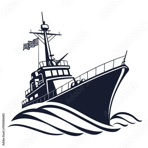 A vintage black and white illustration of a large ship sailing on a wavy sea Vector