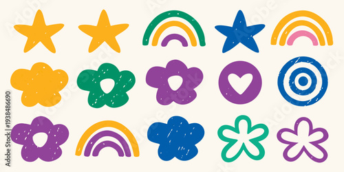 Colorful collection of hand drawn stars rainbows flowers and geometric shapes