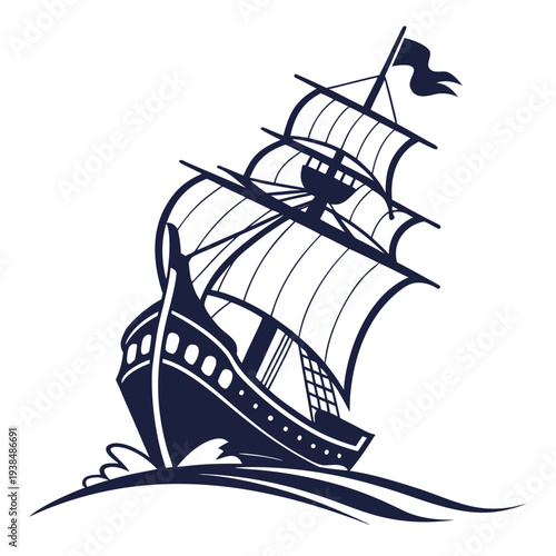 A majestic sailing ship with billowing sails and a fluttering flag on the open sea Vector