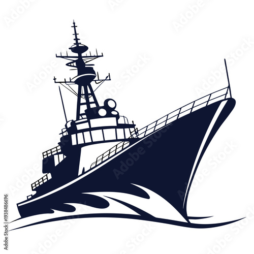 A detailed illustration of a naval warship sailing on a wavy sea. Vector