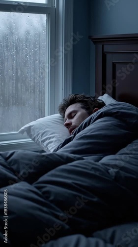 Young man asleep in bed next to rainy window