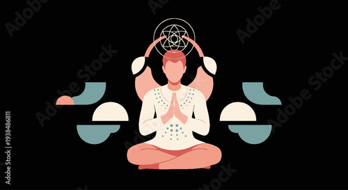 Man meditating in lotus pose with spiritual aura, abstract shapes background