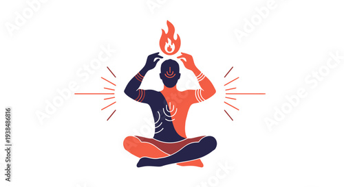 Person meditating with fire aura, spiritual enlightenment, inner peace, balance, energy