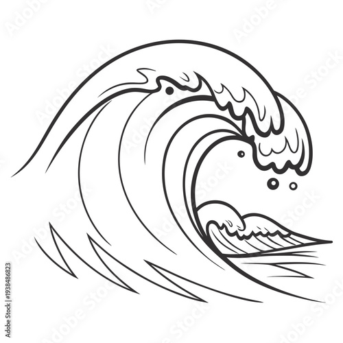 A powerful wave crashing against the shore with a small fish visible in the water Vector