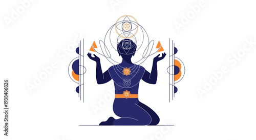 Mystical Figure with Sacred Geometry and Chakras, Spiritual Energy and Enlightenment