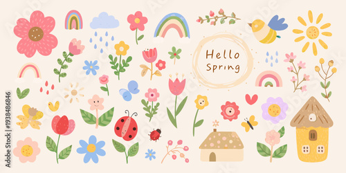 A colorful spring illustration featuring flowers rainbows and cute elements