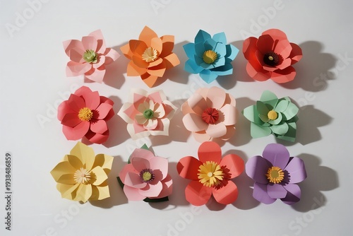 Colorful paper flowers arranged in grid
