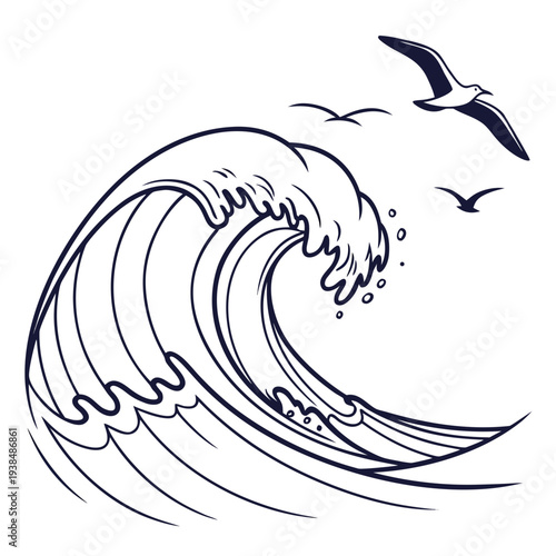 Three birds flying over a large wave in the ocean Vector