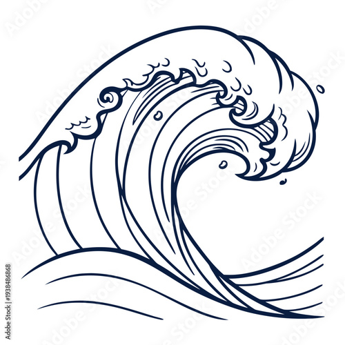 A detailed illustration of a powerful ocean wave crashing against an unseen barrier. Vector