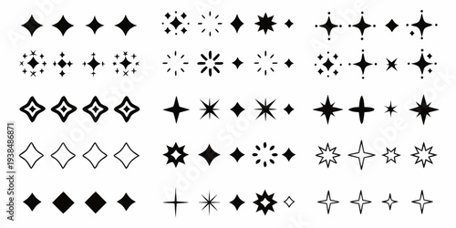 Collection of diverse black star and sparkle shaped design elements