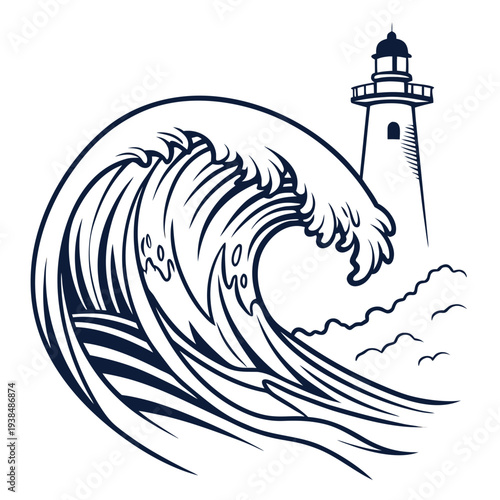 A majestic lighthouse standing tall against the powerful waves of the sea. Vector