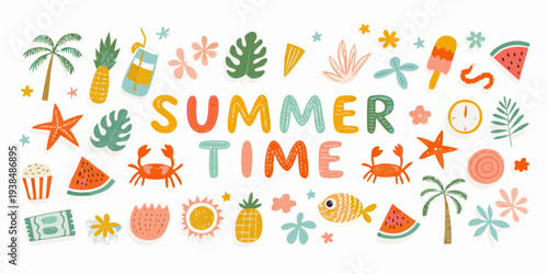 Colorful summer themed illustrations with tropical fruits sea life and text