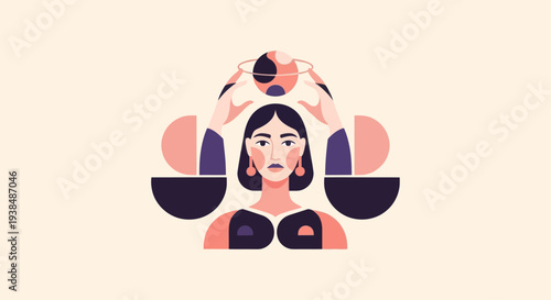 Woman balancing celestial orb and abstract shapes, symbolizing balance and harmony
