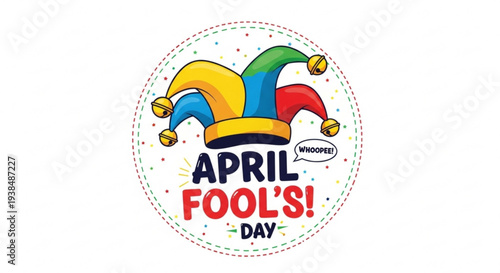 Colorful april fool's day logo with jester hats and confetti on white background for prank celebrations