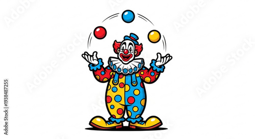 Juggling clown performing entertainment with colorful balls in playful outfit
