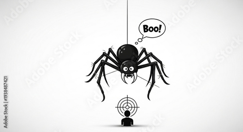 Scary black spider with speech bubble saying boo above a person in crosshairs on a white background conveying fear and anxiety in a cartoonish style