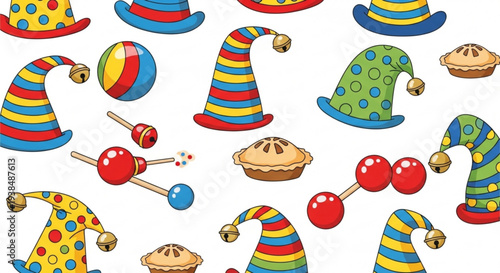 Colorful clown hats pies and rattles on white background festive carnival pattern