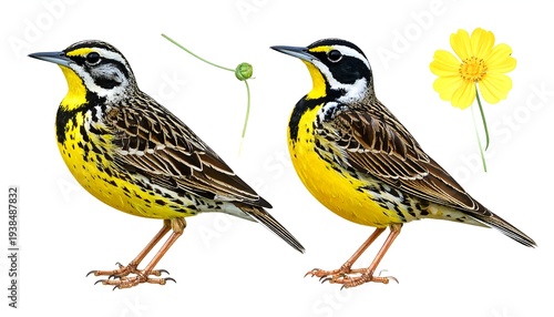 Two meadowlarks are depicted with a yellow flower and a bud on a white background