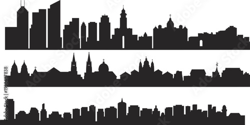 Flat vector city skyline silhouettes, diverse urban architecture illustration, modern historic building outlines, minimalist design icons, metropolitan landscape collection
