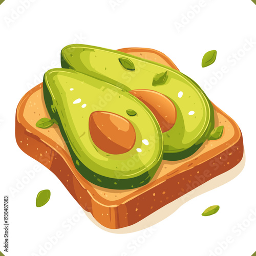 Vector illustration of avocado toast with fresh herbs, healthy breakfast, isolated on a white background