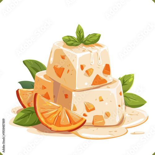 Vector illustration of mango sticky rice dessert in bowl, topped with fresh mango cubes and mint leaves, isolated on a white background