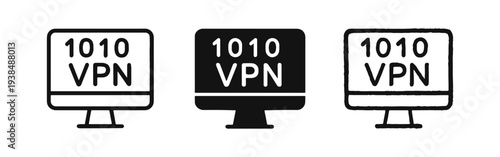 VPN Connection and Security Icon Set. Virtual Private Network on Monitor Screen in Outline, Solid, and Doodle Styles.