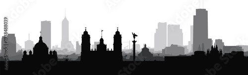 Flat vector city skyline silhouettes, historic and modern architecture, domes and spires, cultural heritage landmarks, urban design illustration collection