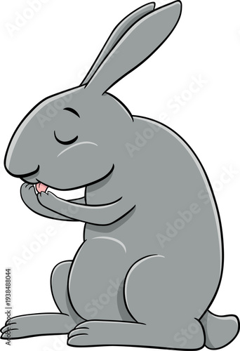 cartoon gray miniature rabbit animal character washing itself