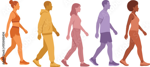 Five diverse people walking silhouettes illustration, casual outfits sportswear jeans shorts tank top hoodie lifestyle fashion concept, flat vector illustration