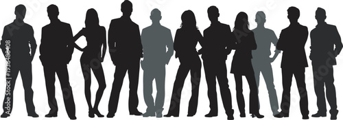 Black silhouette illustration of diverse group of people standing together, men and women in professional and casual poses, symbolizing teamwork, unity, diversity, and collaboration concepts