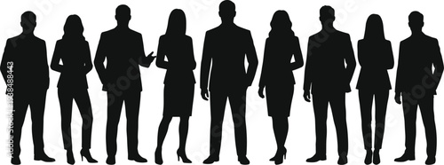 Nine business professional silhouettes in formal attire, teamwork corporate culture office diversity professionalism concept, flat vector illustration