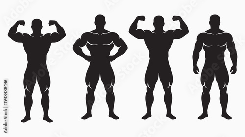Four bodybuilding male figure silhouettes flexing posing, muscular physique competition stances strength fitness anatomy sports concept, flat vector illustration