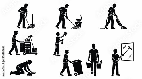 Nine cleaning staff silhouettes performing janitorial tasks, sweeping mopping vacuuming spraying wiping scrubbing window cleaning hygiene service concept, flat vector illustration