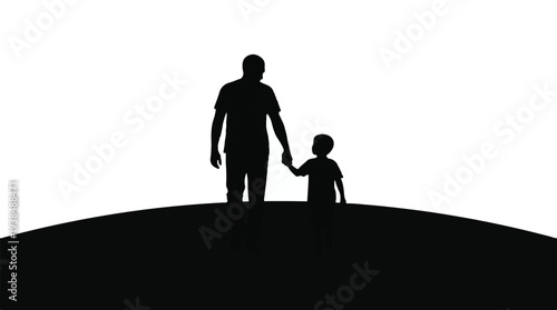 Father and child silhouette walking hand in hand on a minimalist landscape