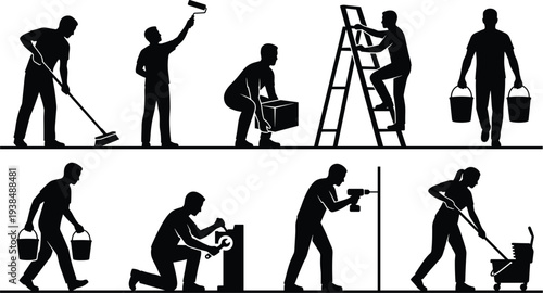 Nine manual labor silhouettes performing tasks, sweeping painting lifting climbing carrying mopping repairing construction maintenance concept, flat vector illustration