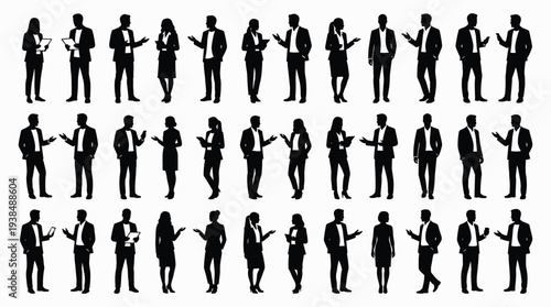 Thirty business professional silhouettes in formal attire, teamwork corporate culture workplace communication diversity professionalism concept, flat vector illustration
